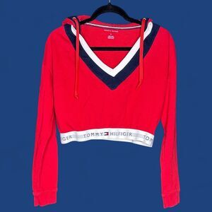 Tommy Hilfiger Women's Red Retro Cropped Lounge V-Neck Hoodie w/ Branded Waist